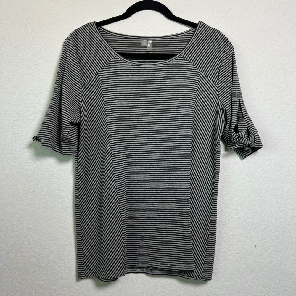 Silverwear Striped Top M Gray Black Womens Parisian Tie Sleeve Scoop Neck Casual